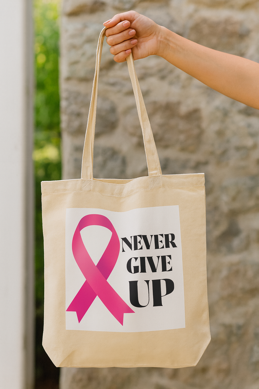 Never Give Up Pink Ribbon Breast Cancer Eco Tote Bag