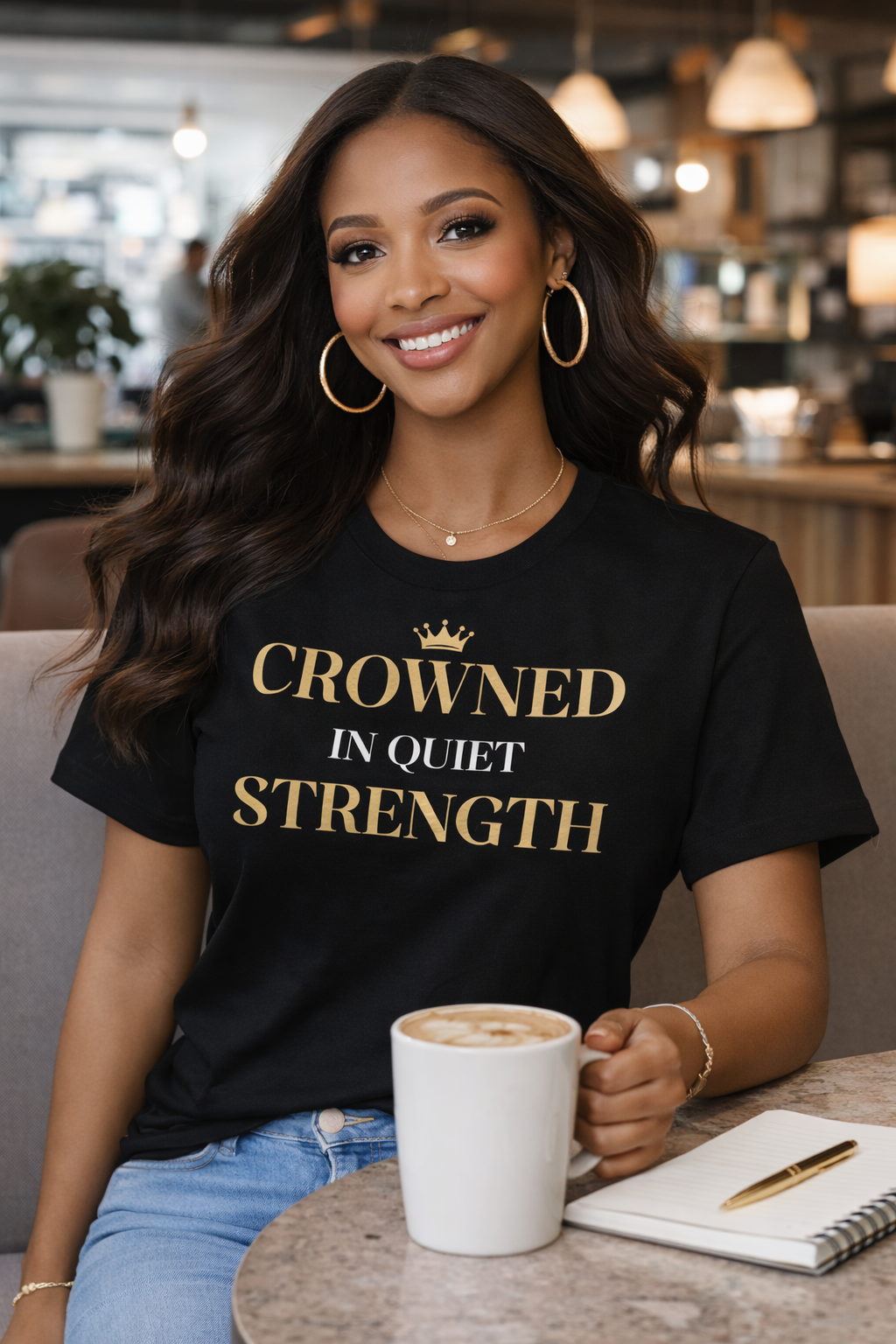 Crowned in Quiet Strength – Luxury Black & Gold Women’s T-Shirt