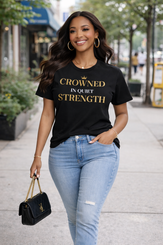 Crowned in Quiet Strength – Luxury Black & Gold Women’s T-Shirt