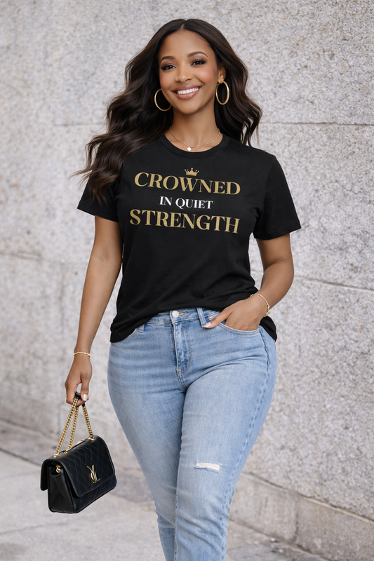 Crowned in Quiet Strength – Luxury Black & Gold Women’s T-Shirt