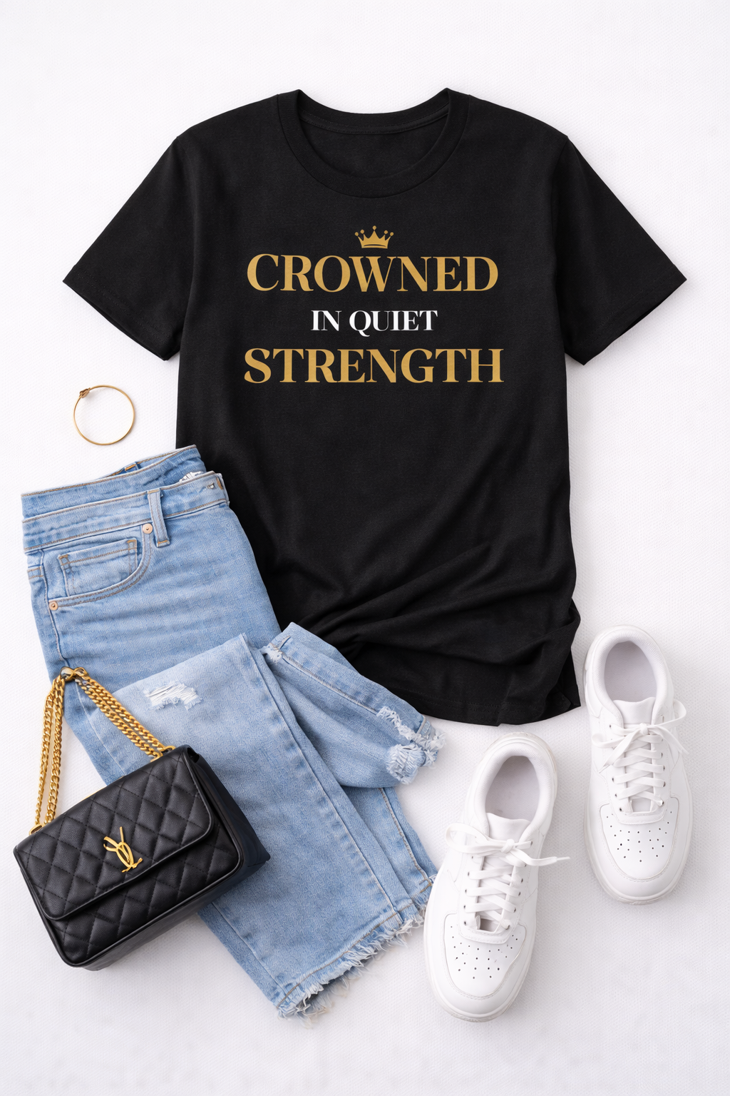 Crowned in Quiet Strength – Luxury Black & Gold Women’s T-Shirt