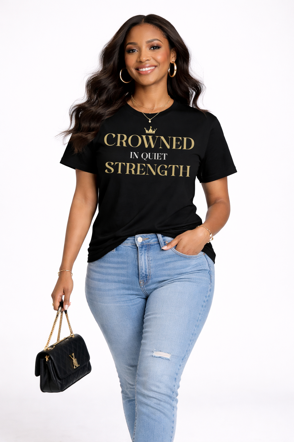 Crowned in Quiet Strength – Luxury Black & Gold Women’s T-Shirt