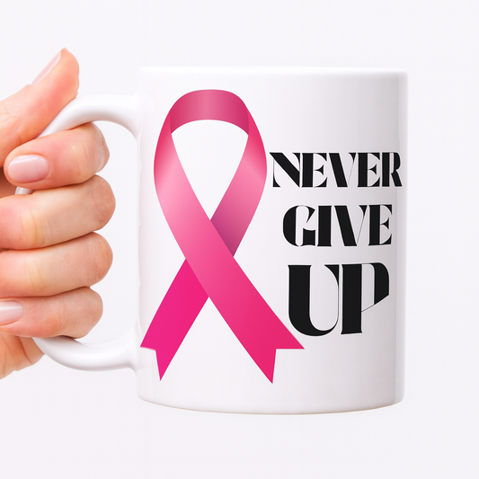 Never Give Up Pink Ribbon Breast Cancer Awareness White glossy mug