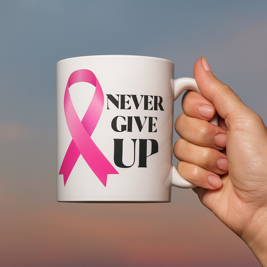 Never Give Up Pink Ribbon Breast Cancer Awareness White glossy mug