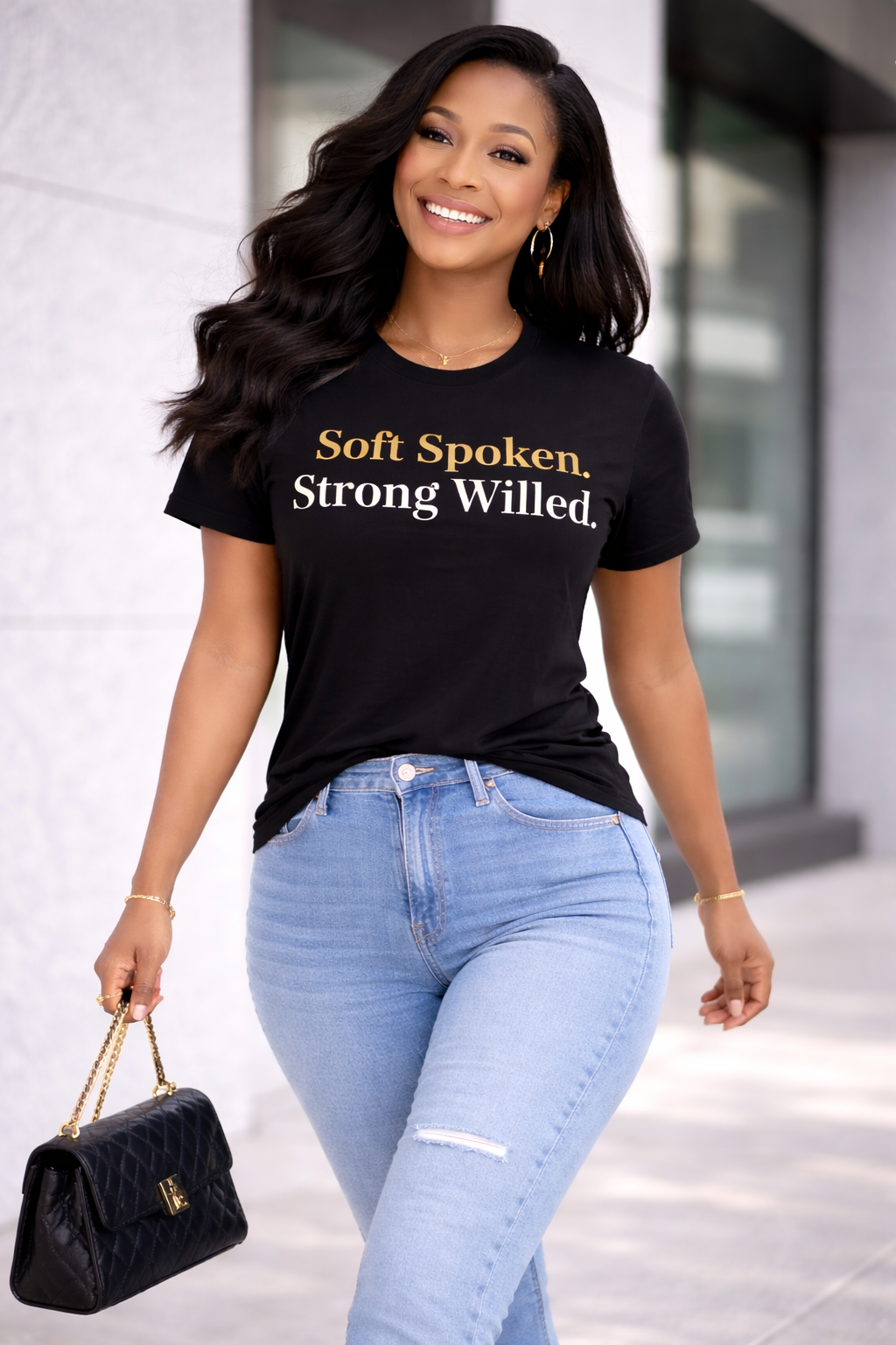Soft Spoken. Strong Willed. – Luxury Black & Gold Women’s Tee