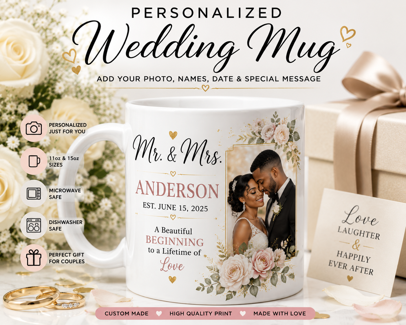 Personalized Wedding Mug | Custom Couple Photo Mug | Mr & Mrs Coffee Mug | Wedding Gift | Bridal Shower Gift | Anniversary Mug