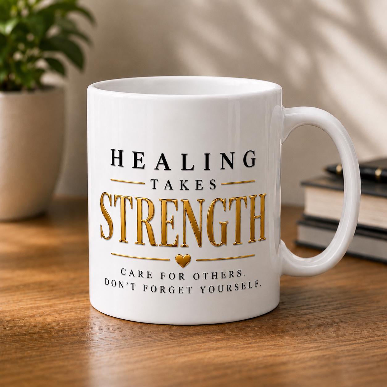 Healing Takes Strength Nurse Mug, Black Gold Typography Healthcare Appreciation Gift