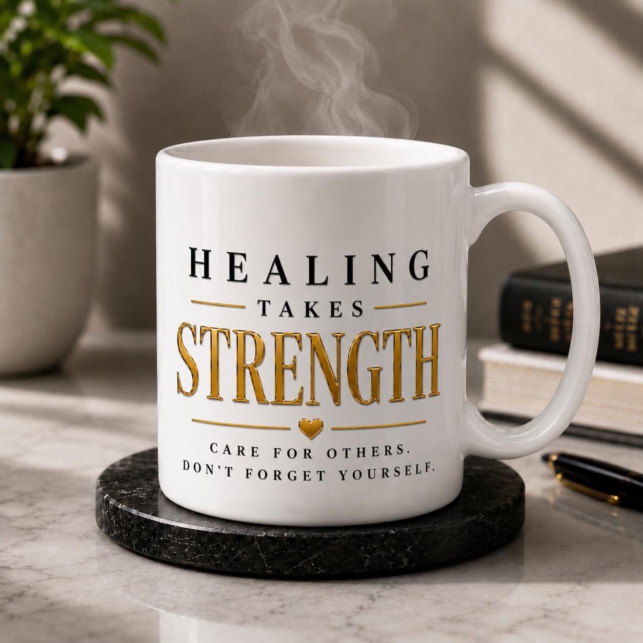 Healing Takes Strength Nurse Mug, Black Gold Typography Healthcare Appreciation Gift