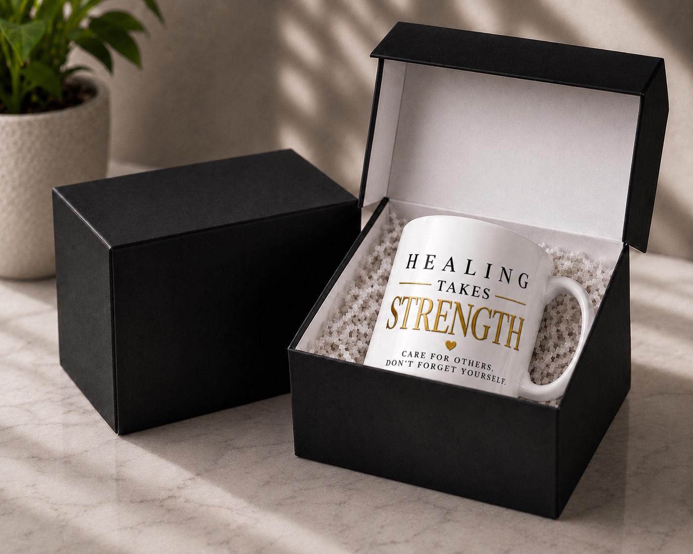 Healing Takes Strength Nurse Mug, Black Gold Typography Healthcare Appreciation Gift