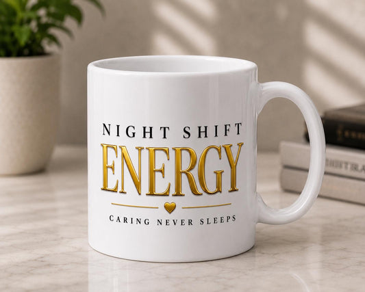 Night Shift Energy Mug, Black Gold Ceramic Coffee Cup, Nurse Healthcare Gift