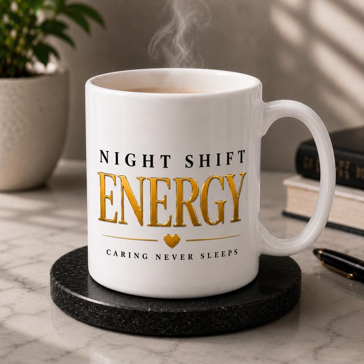 Night Shift Energy Mug, Black Gold Ceramic Coffee Cup, Nurse Healthcare Gift