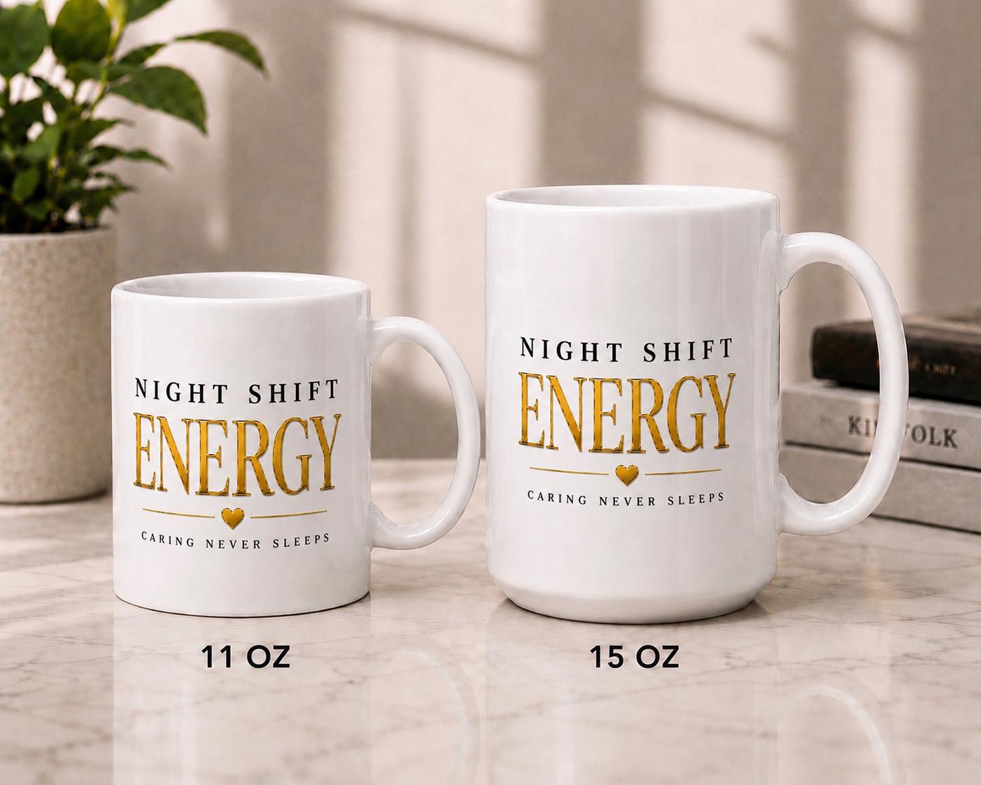 Night Shift Energy Mug, Black Gold Ceramic Coffee Cup, Nurse Healthcare Gift