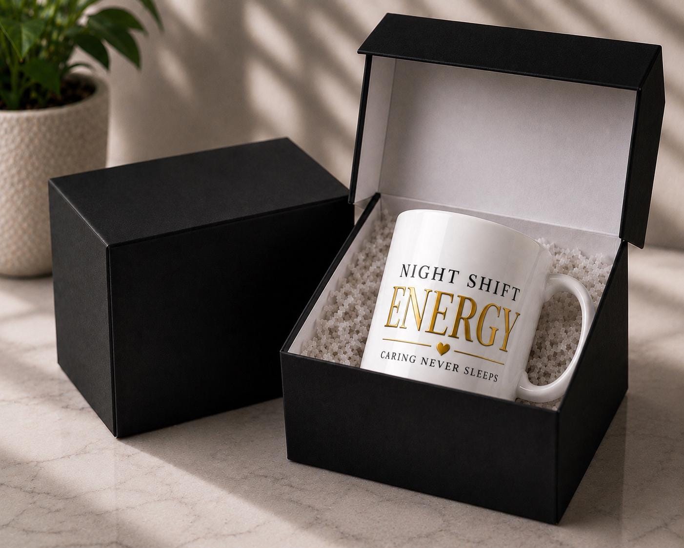 Night Shift Energy Mug, Black Gold Ceramic Coffee Cup, Nurse Healthcare Gift