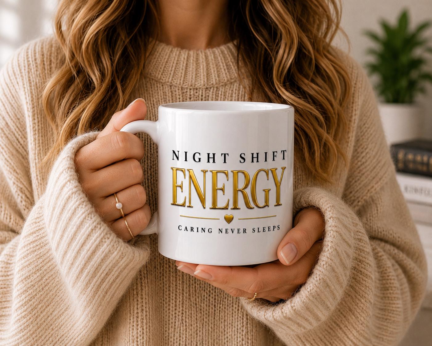 Night Shift Energy Mug, Black Gold Ceramic Coffee Cup, Nurse Healthcare Gift