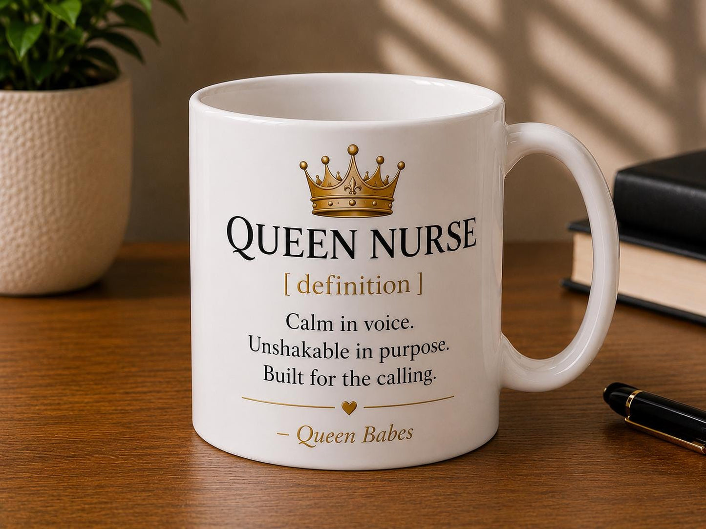 Queen Nurse Definition Mug, Black Gold Coffee Cup, RN Healthcare Gift