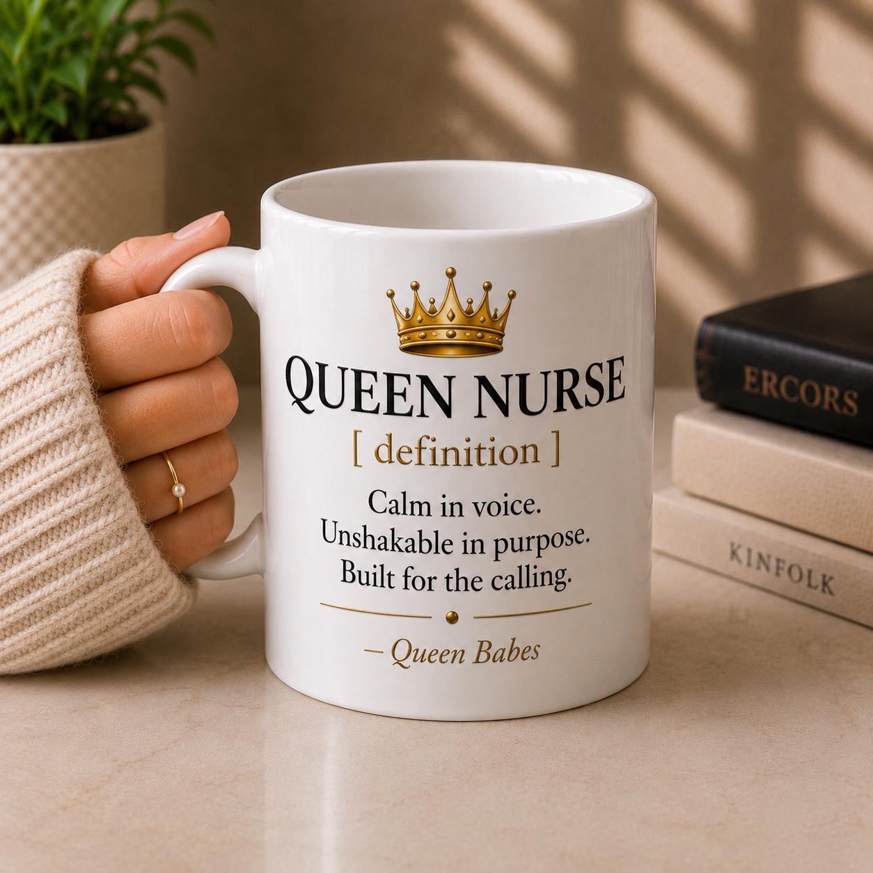 Queen Nurse Definition Mug, Black Gold Coffee Cup, RN Healthcare Gift