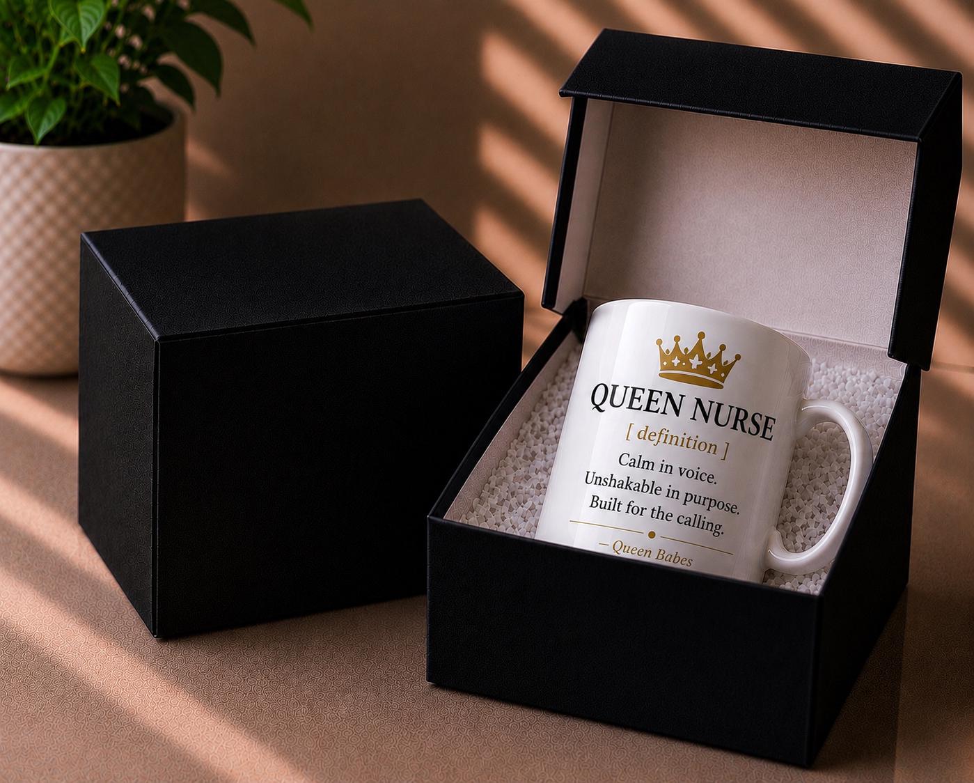Queen Nurse Definition Mug, Black Gold Coffee Cup, RN Healthcare Gift