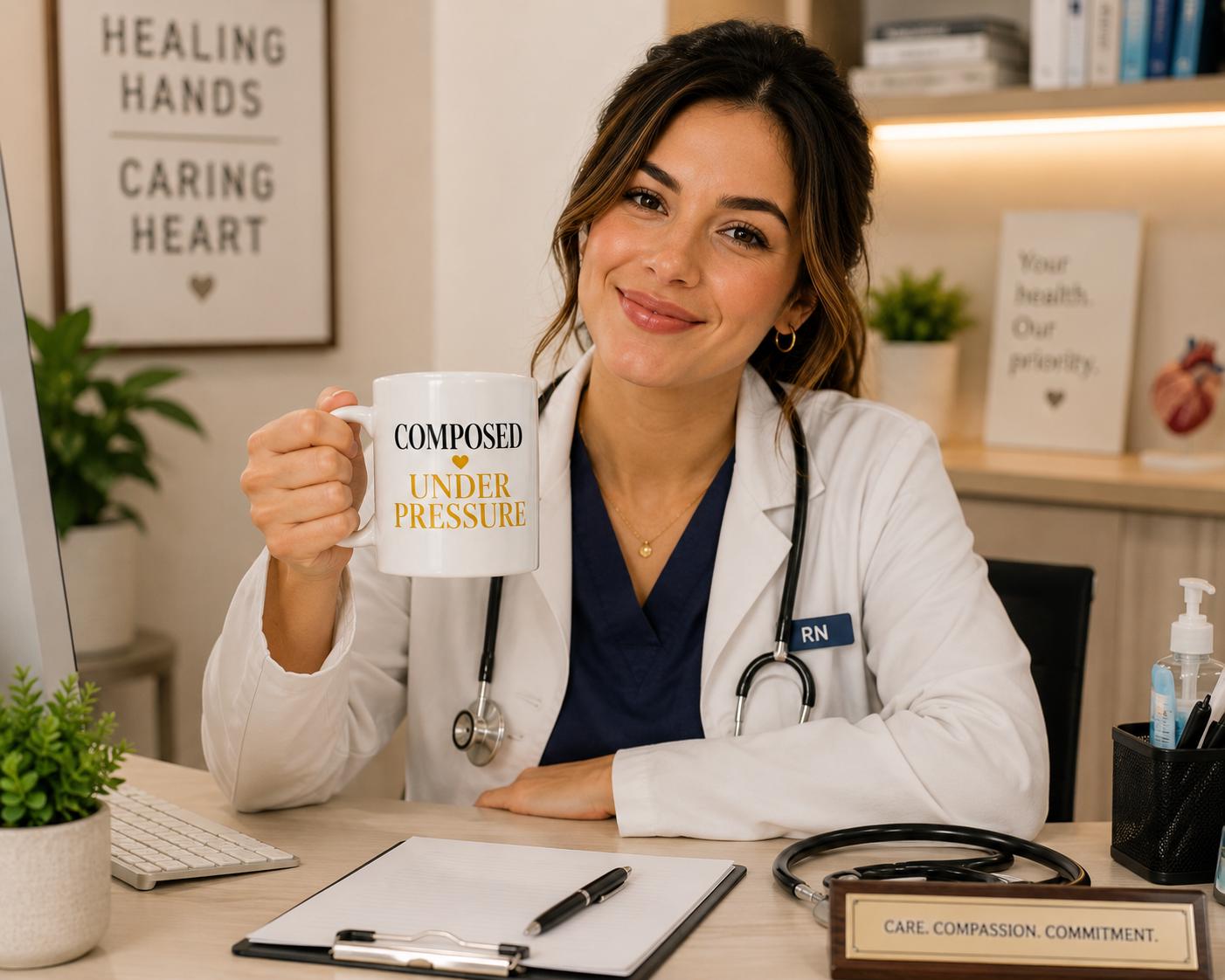 Composed Under Pressure Mug – Nurse Healthcare Worker Coffee Cup