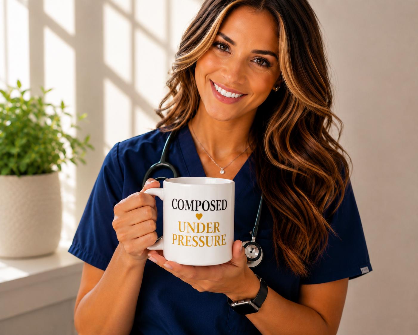 Composed Under Pressure Mug – Nurse Healthcare Worker Coffee Cup