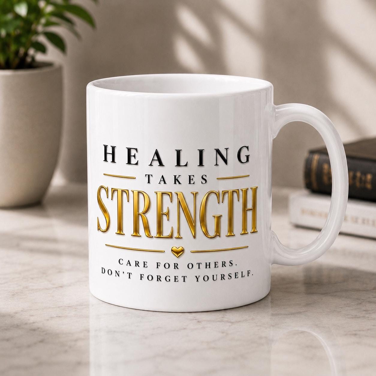 Healing Takes Strength Nurse Mug, Black Gold Typography Healthcare Appreciation Gift