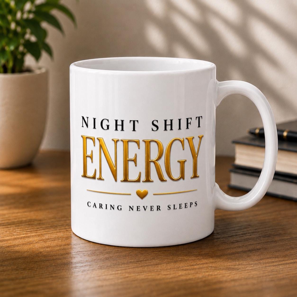Night Shift Energy Mug, Black Gold Ceramic Coffee Cup, Nurse Healthcare Gift
