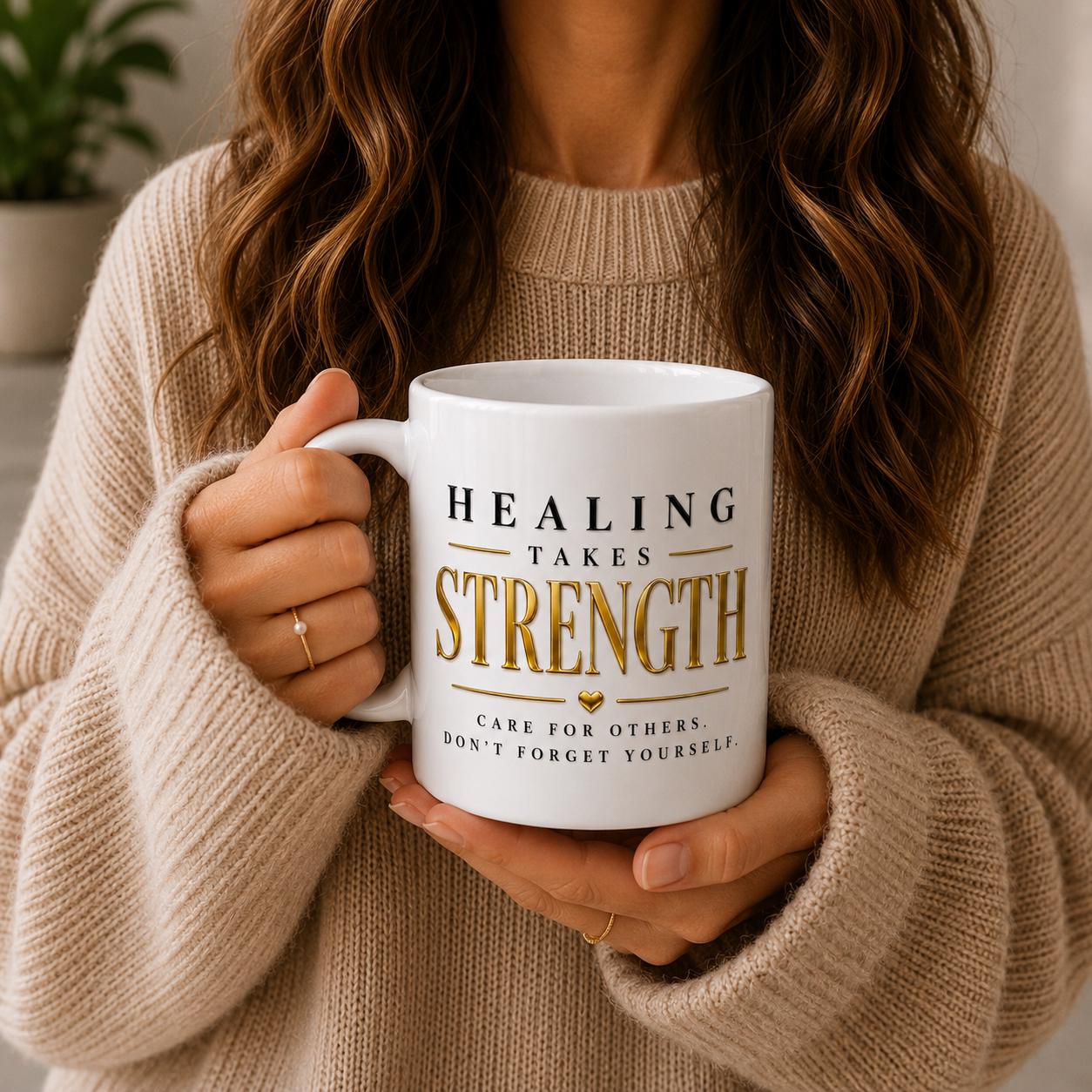 Healing Takes Strength Nurse Mug, Black Gold Typography Healthcare Appreciation Gift