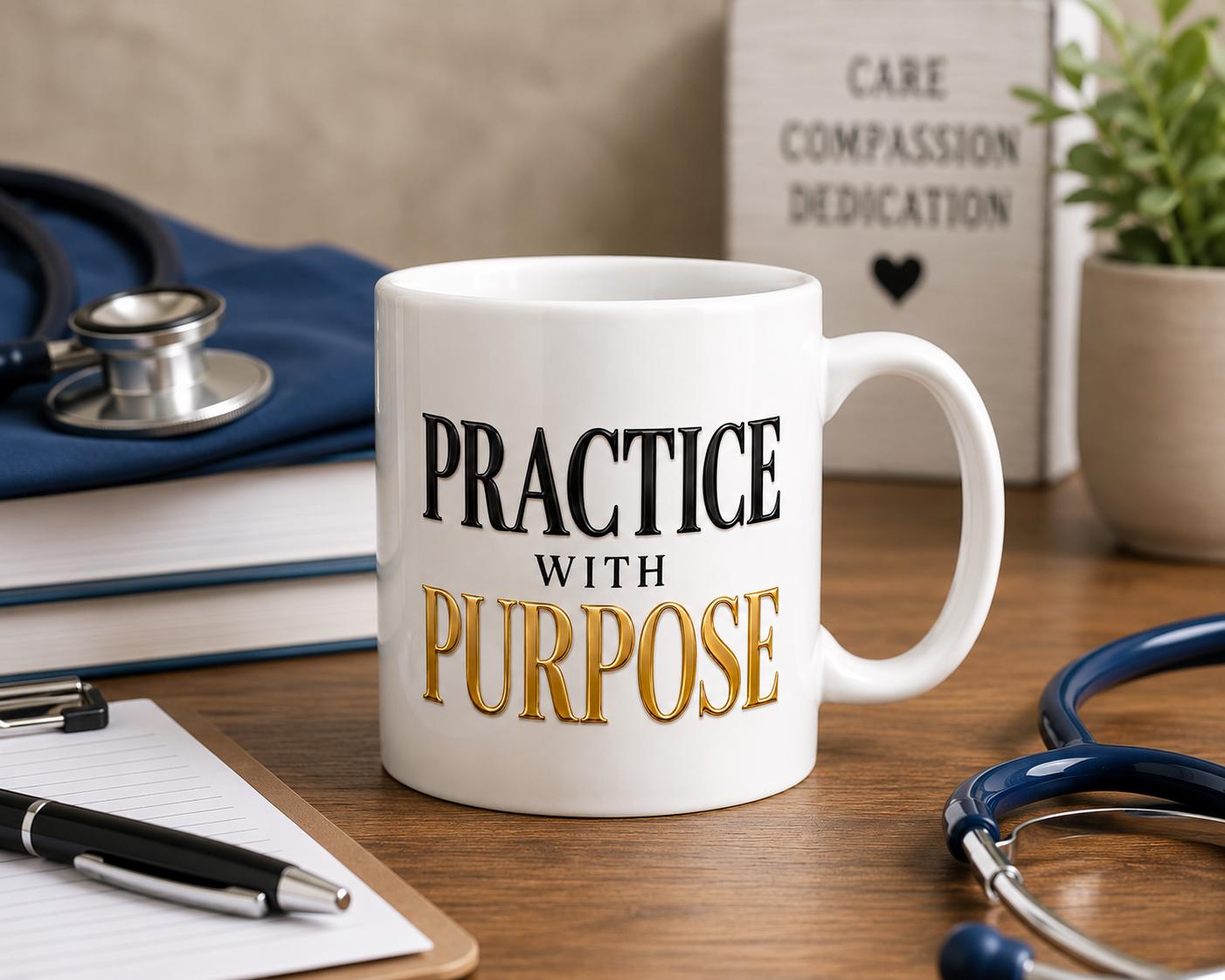 Practice With Purpose Mug, Healthcare Worker Coffee Mug, RN NP CNA Gift – Inspirational Medical Mug – Professional Nurse Cup