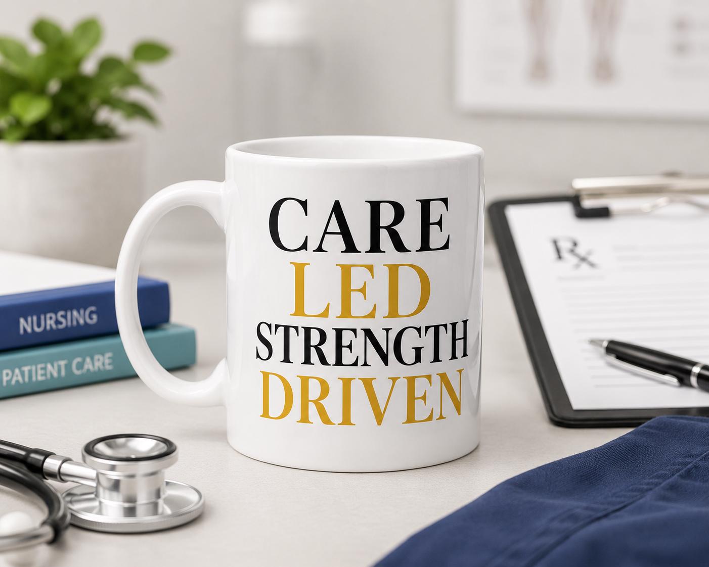 Care Led Strength Driven Mug – Nurse Gift- Healthcare Worker Coffee Mug – RN NP CNA Gift – Inspirational Nurse Mug -Medical Professional Cup