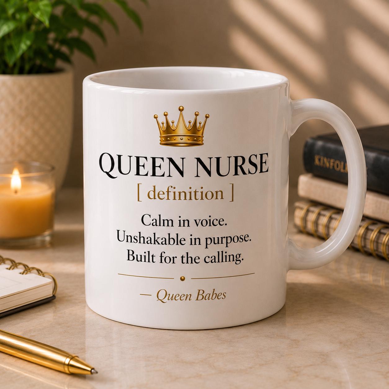 Queen Nurse Definition Mug, Black Gold Coffee Cup, RN Healthcare Gift