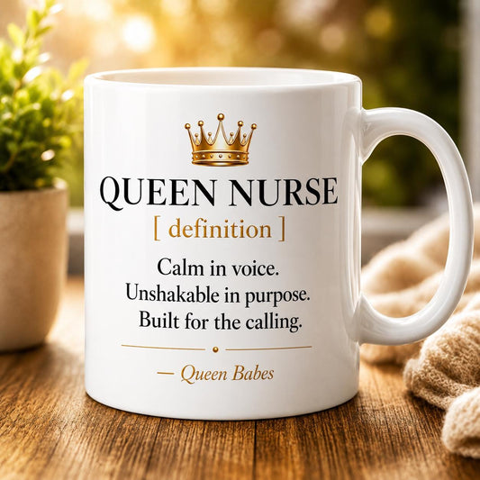 Queen Nurse Definition Mug, Black Gold Coffee Cup, RN Healthcare Gift