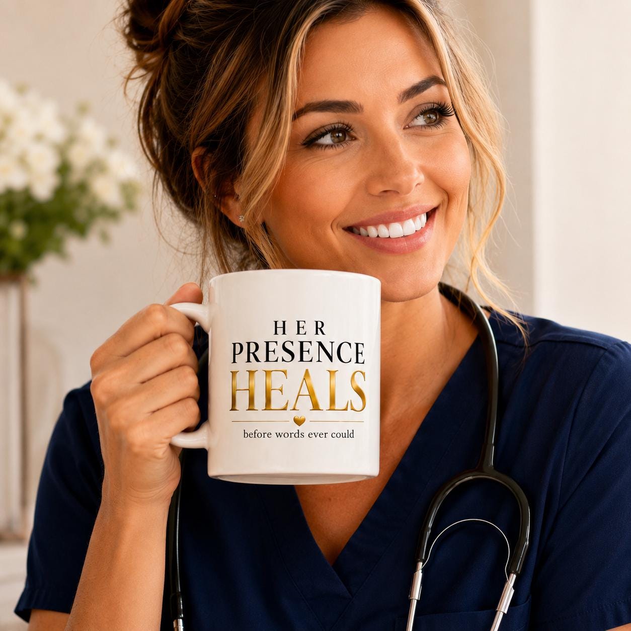 Her Presence Heals Before Words Ever Could Mug – Nurse Gift – Healthcare Worker Coffee Mug – Compassionate Care Gift – RN NP CNA Mug