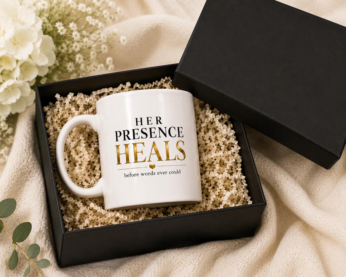 Her Presence Heals Before Words Ever Could Mug – Nurse Gift – Healthcare Worker Coffee Mug – Compassionate Care Gift – RN NP CNA Mug