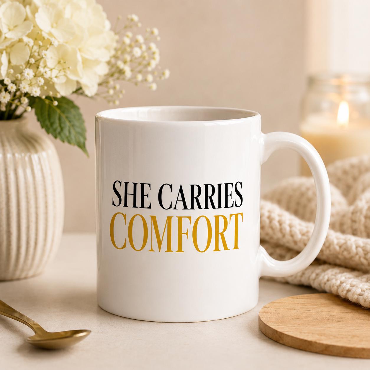 She Carries Comfort Mug – Nurse Gift – Healthcare Worker Coffee Mug – RN NP CNA Gift – Compassionate Caregiver Mug – Inspirational Nurse Cup