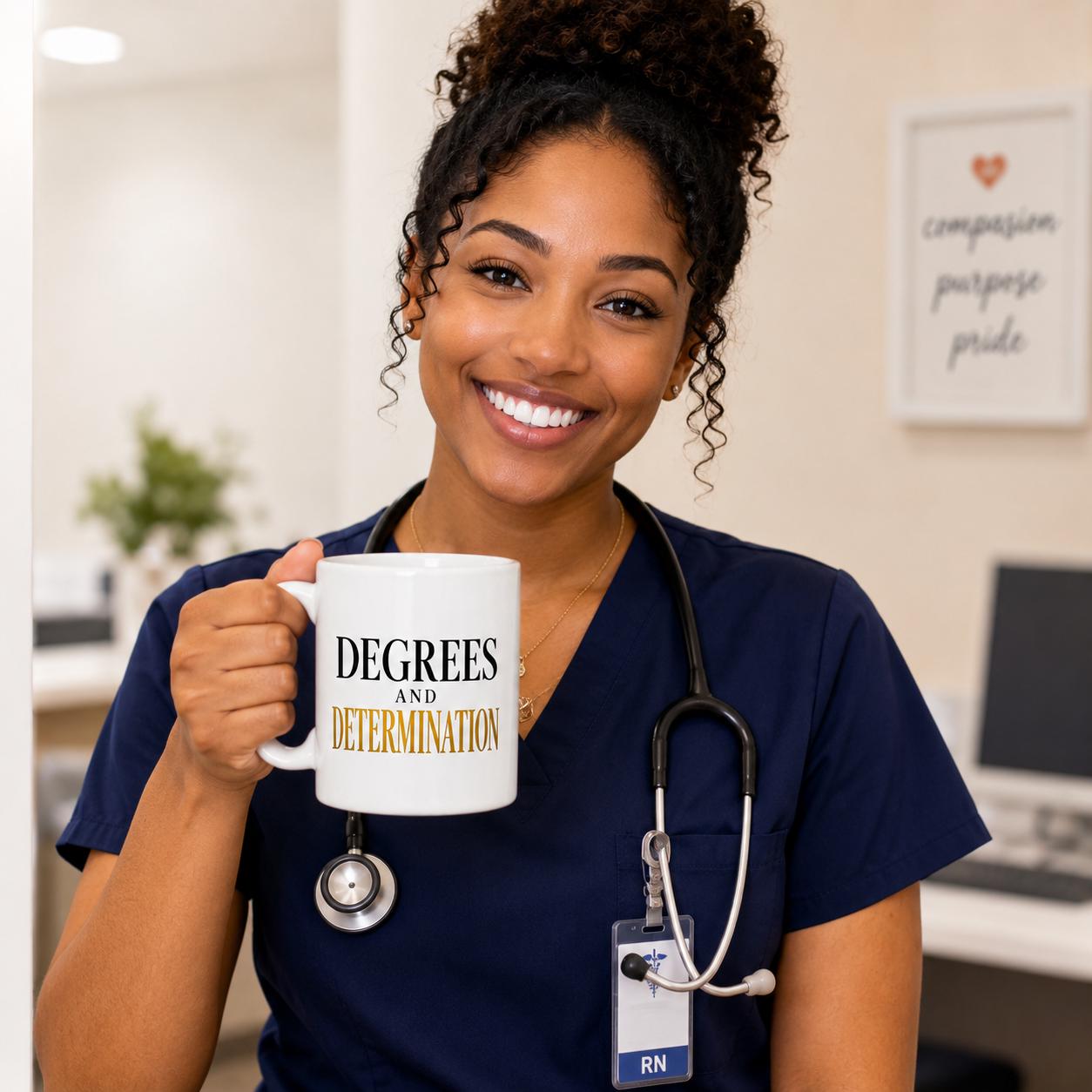 Nurse Practitioner Graduation Coffee Mug, MSN Graduation Gift, DNP Graduation Gift, New NP Gift | Degrees & Determination