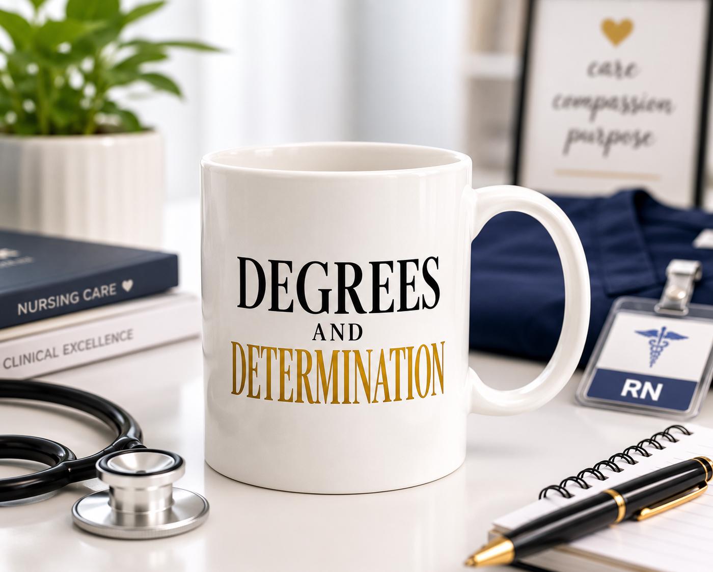 Nurse Practitioner Graduation Coffee Mug, MSN Graduation Gift, DNP Graduation Gift, New NP Gift | Degrees & Determination